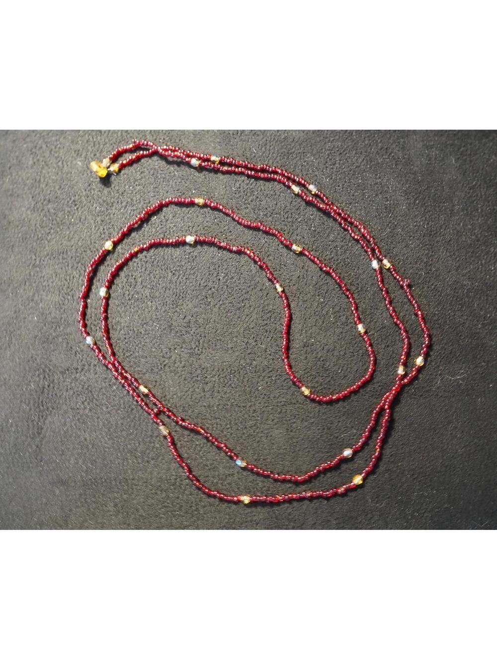 Delicate Red Seed Bead Lariat Wrap Necklace with Gold Accents
